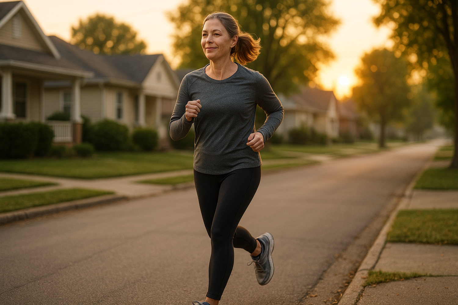 A realistic, full-body image of a woman in her late 40s to early 50s jogging through a quiet suburban neighborhood in the early morning. She’s wearing athletic leggings, a breathable running top, and well-worn running shoes. Her face shows determination and calm energy, with a slight smile. Her ponytail bounces as she runs. The sun is just rising, casting a soft golden glow on the houses and trees lining the street. The scene feels grounded, natural, and uplifting — capturing the joy of moving pain-free.

